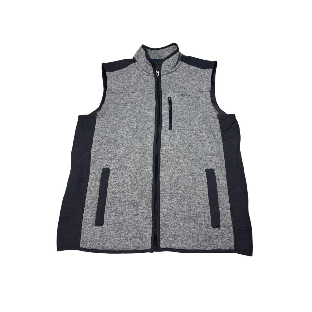 Orvis Mens Full Zip Sweater Fleece Vest Gray Navy Blue Quilted Trim Large